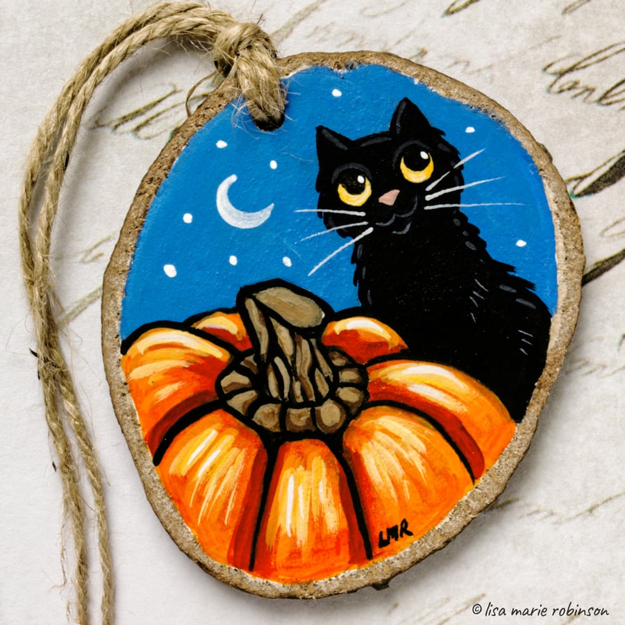 Black Cat and Huge Pumpkin Halloween Wooden Slice Rustic Hanging Decoration