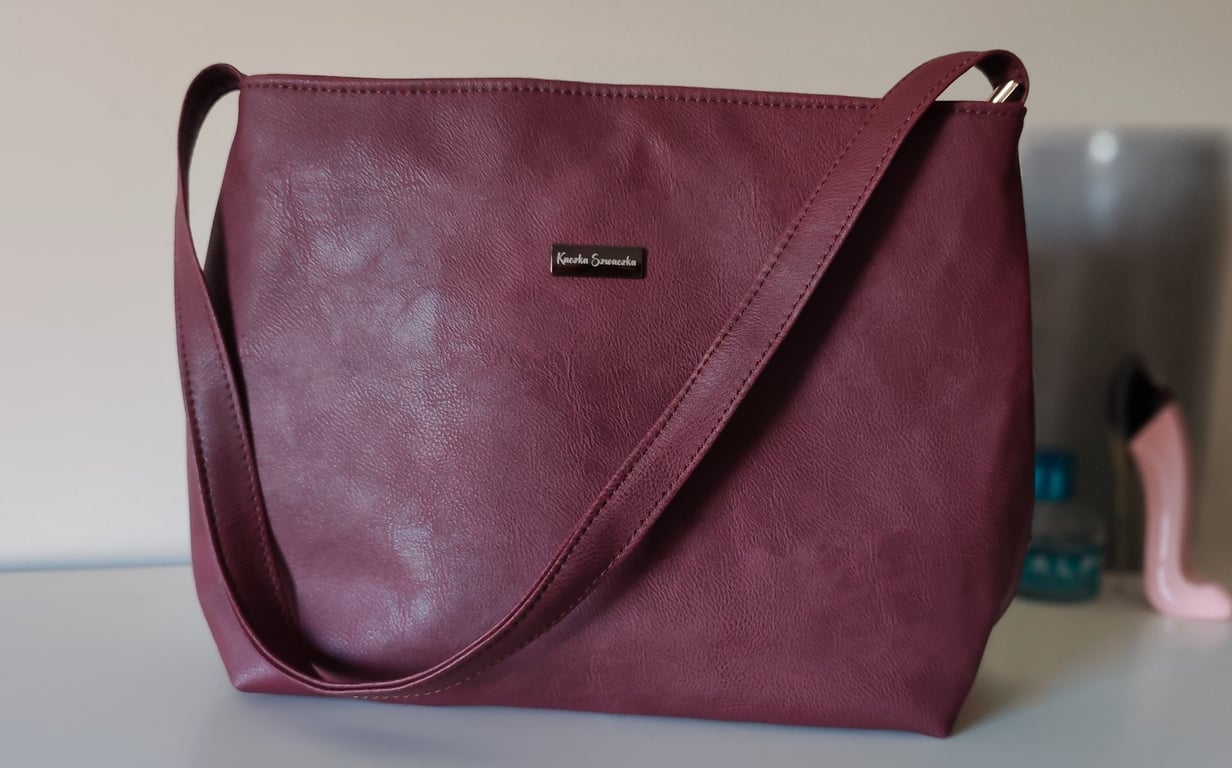 Handmade Minimalist Shoulder Bag - Deep Berry Faux Leather & Starry Sky Lining