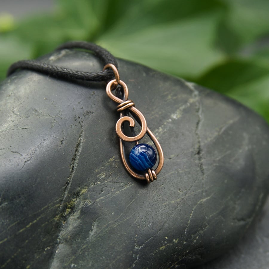Hammered Copper Mini Spiral Pendant with Striped Blue Agate bead