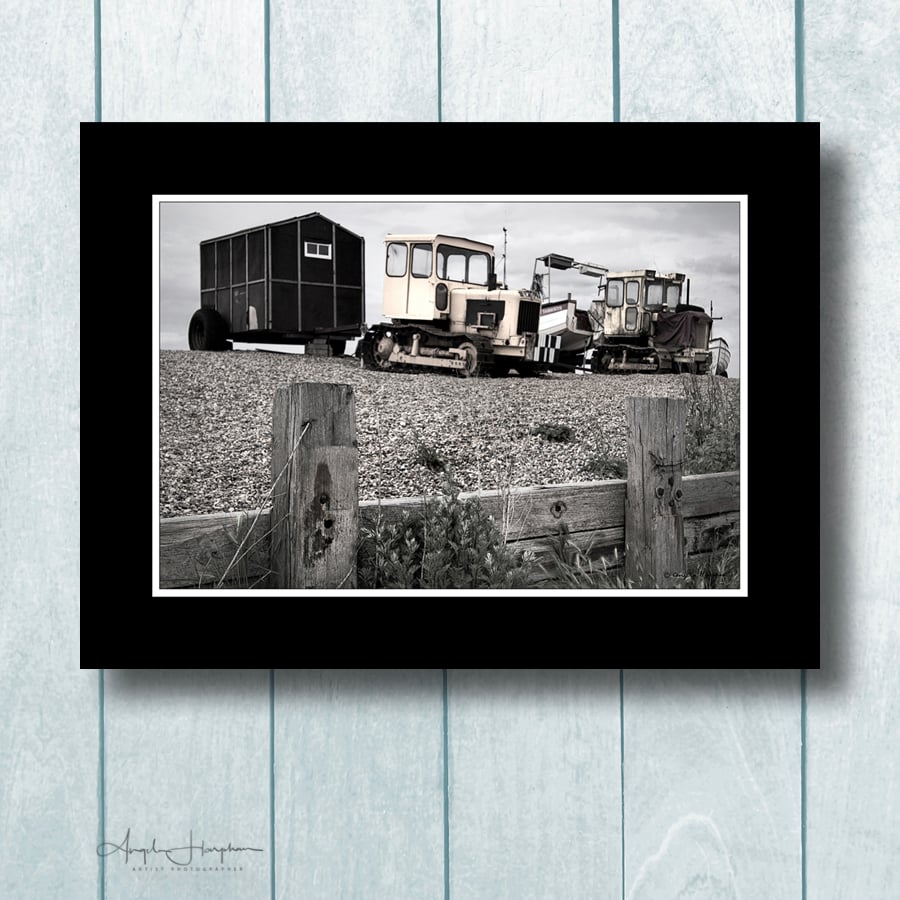 Fine Art Photograph Norfolk Tractors and Hut Shingle Beach Vintage Effect