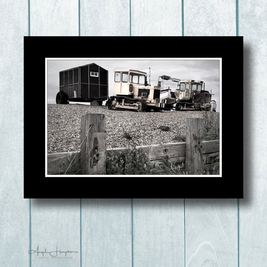 Art Photograph Norfolk Tractors and Hut Shingle Beach Vintage Effect