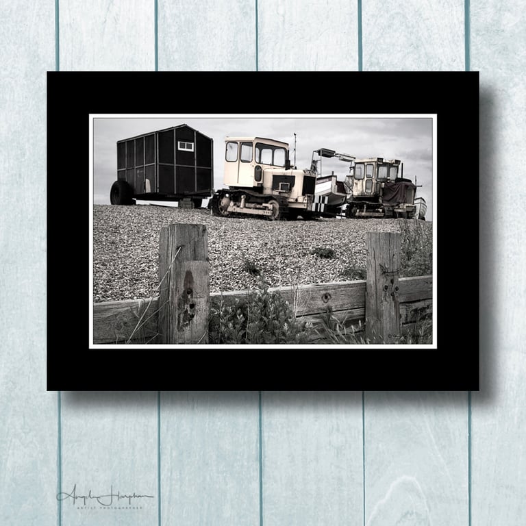 Fine Art Photograph Norfolk Tractors and Hut Shingle Beach Vintage Effect
