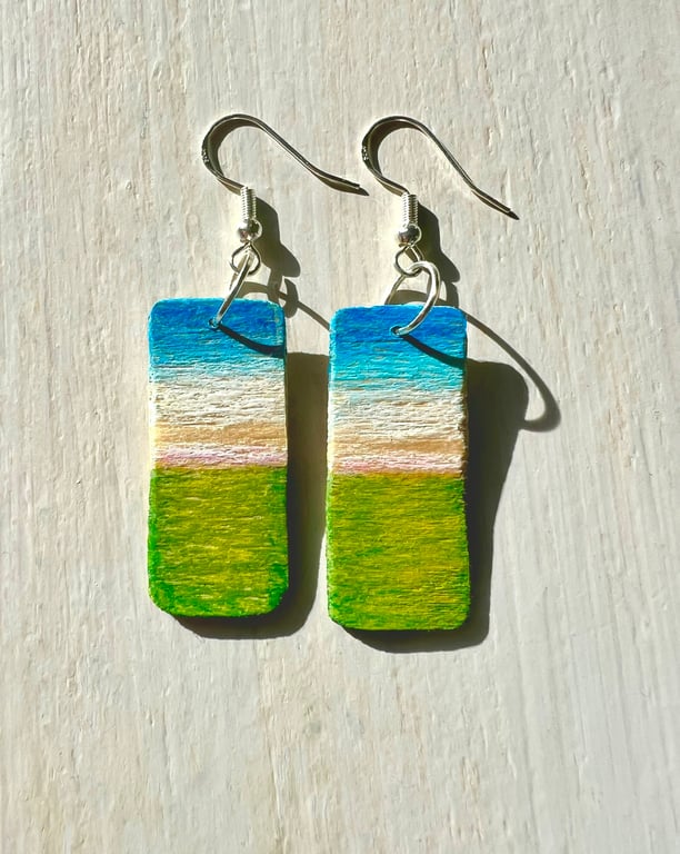 Little landscapes, painted wood on silver-plated earrings