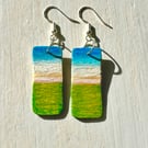 Little landscapes, painted wood on silver-plated earrings