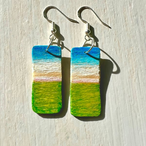 Little landscapes, painted wood on silver-plated earrings
