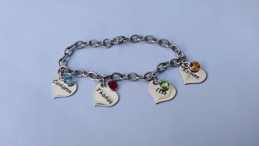 Hand Stamped personalised bracelet with name and birthdate charms