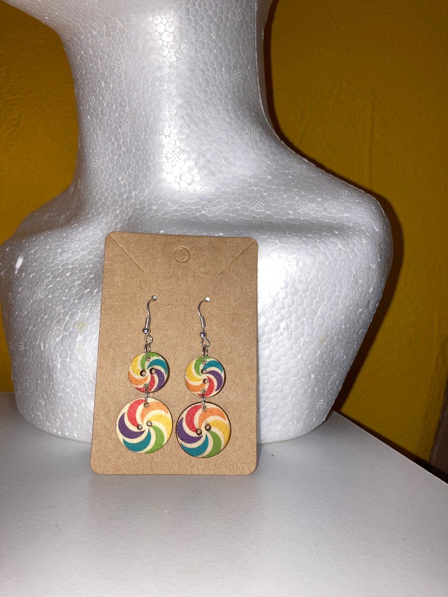 Wooden Button Earrings- Dangling Rainbow Swirls 