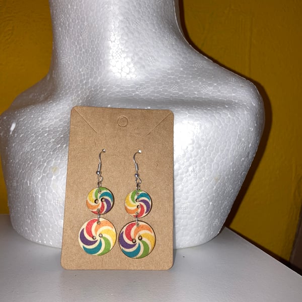 Wooden Button Earrings- Dangling Rainbow Swirls 
