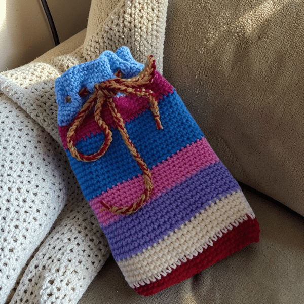 Random Stripes Hot Water Bottle Cover, Crocheted Cosy Holder, Drawstring Closure