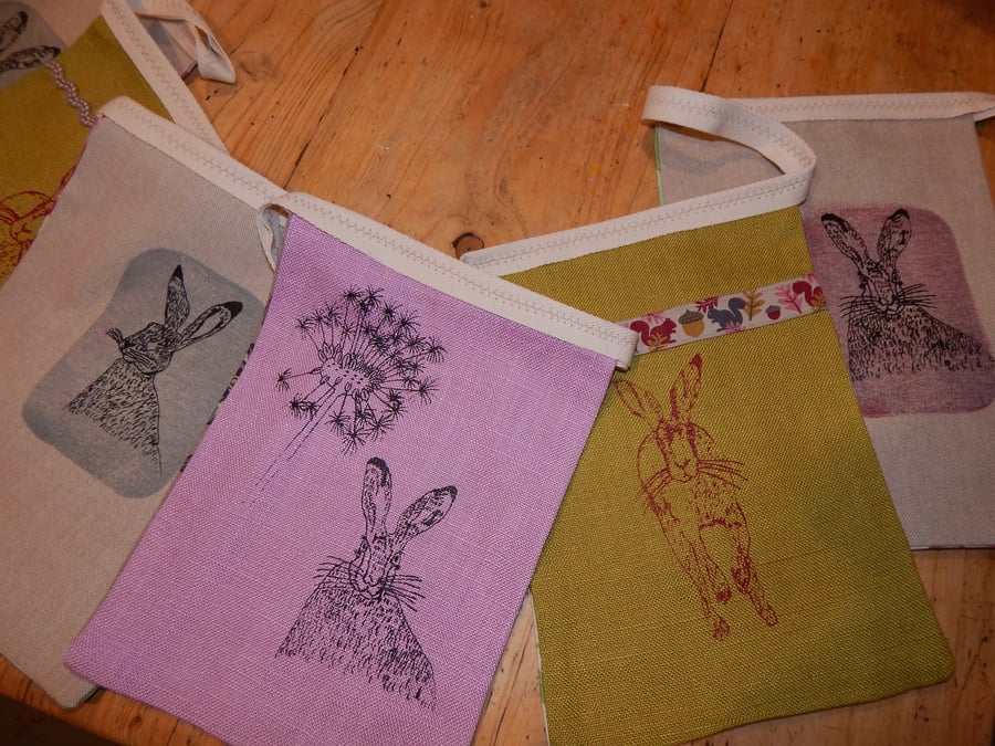 Hare and wild flower - Screen printed bunting 2.0 metres long