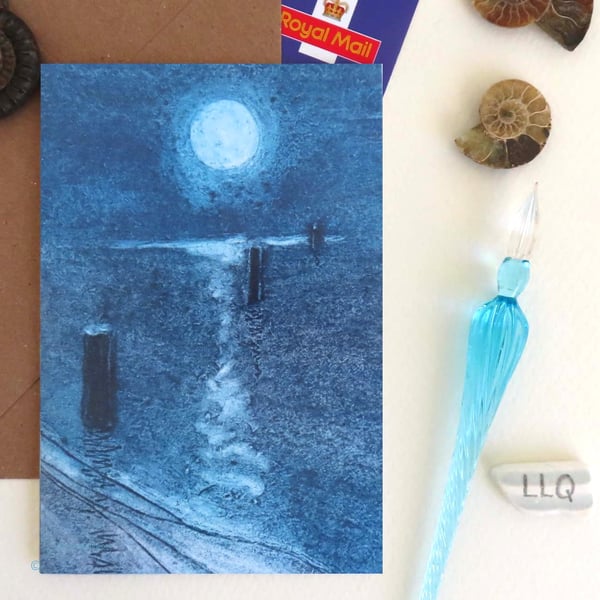 Artist card moon over the sea from an original collagraph print cello free