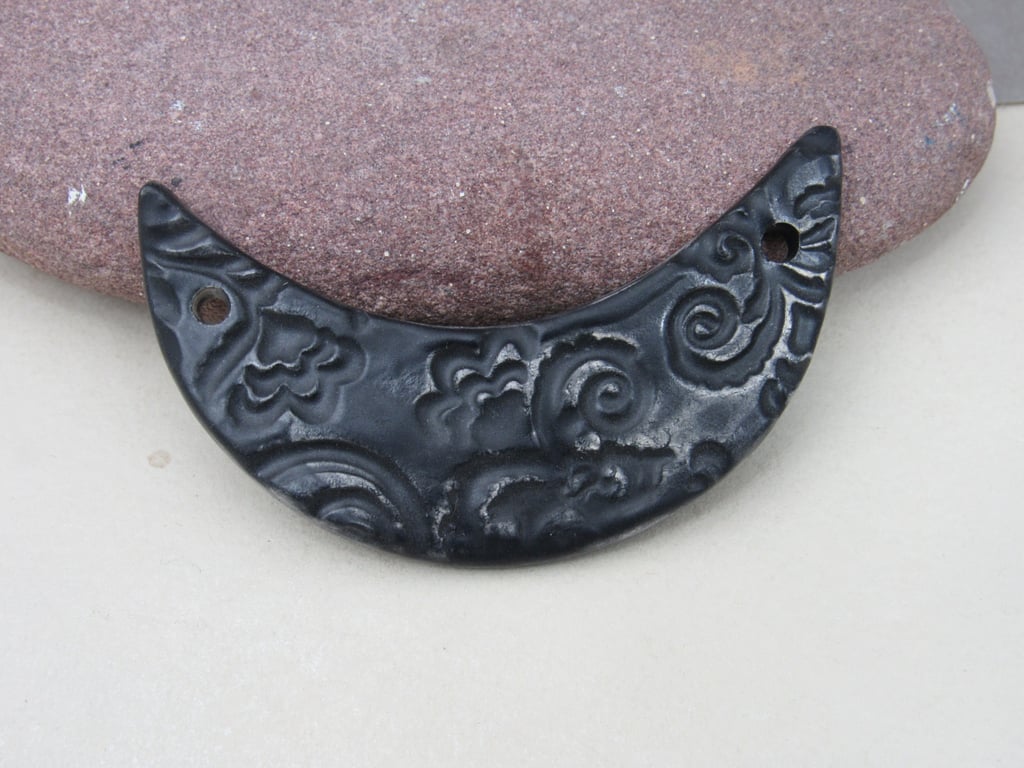 Coal Black Brocade Ceramic Crescent Bib Pendant