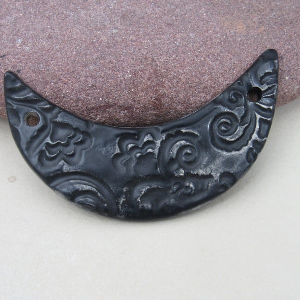 Coal Black Brocade Ceramic Crescent Bib Pendant