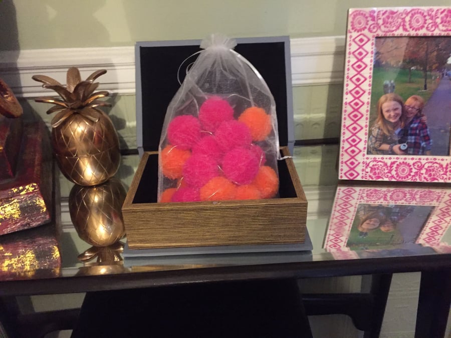20 pom-pom LED fairy lights with Hot Pink and bright orange pom-poms.