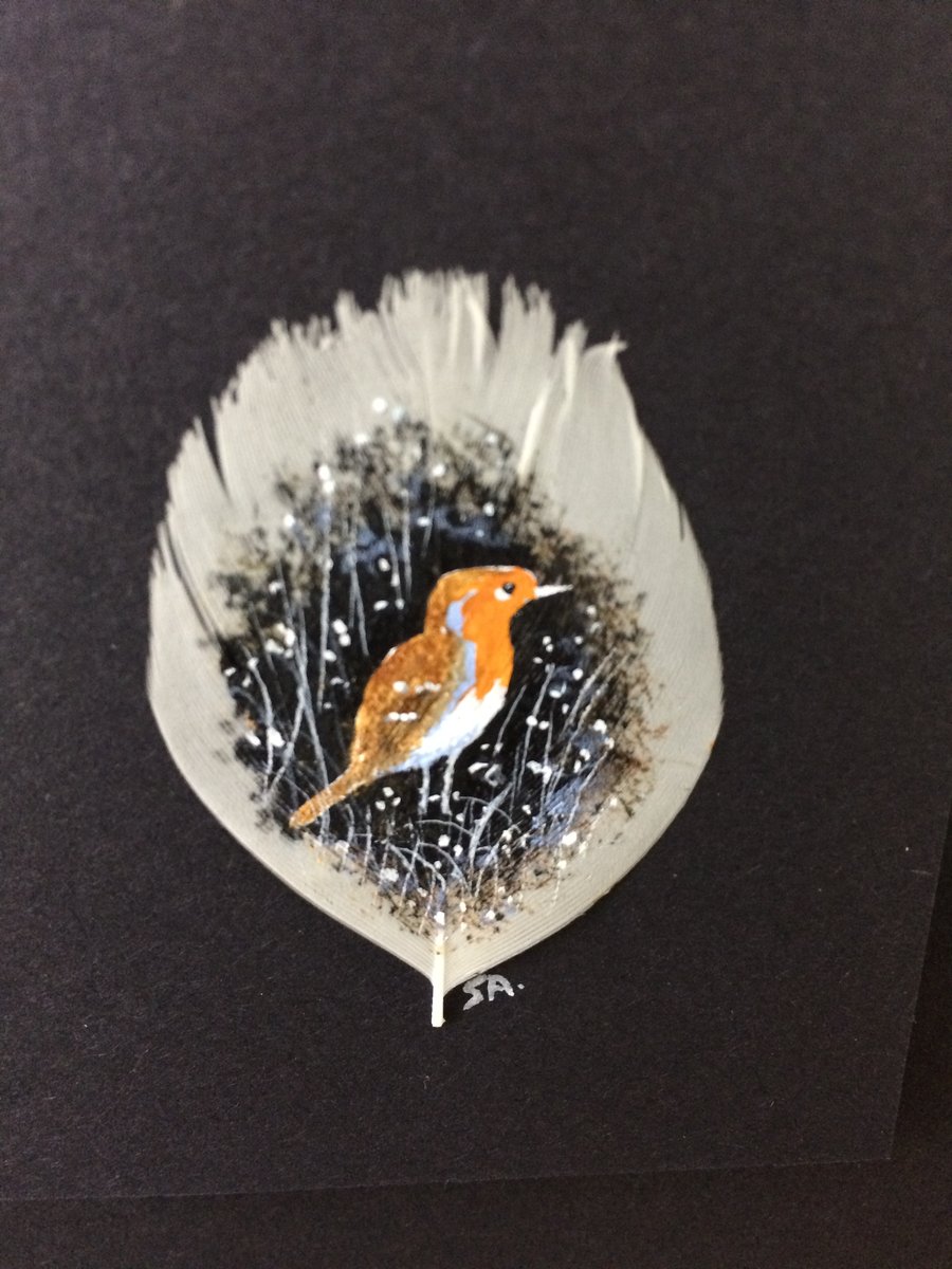 Robin on a  Painted Feather 