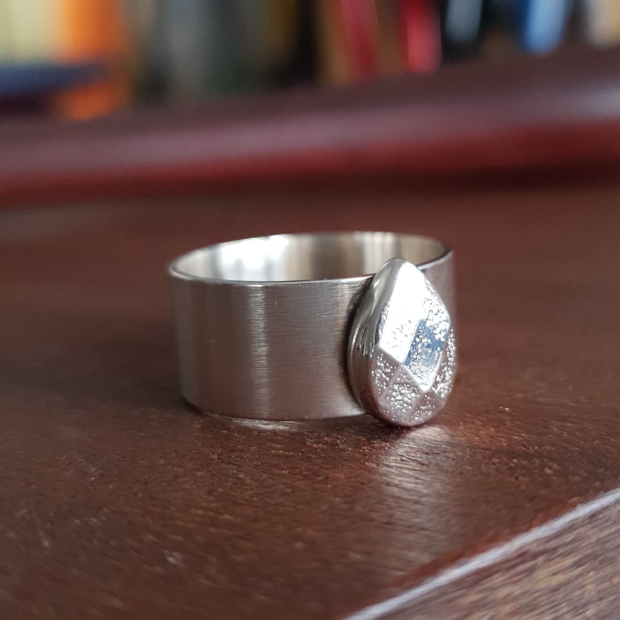 Wide chunky ring with silver gemstone, handmade one-off ring