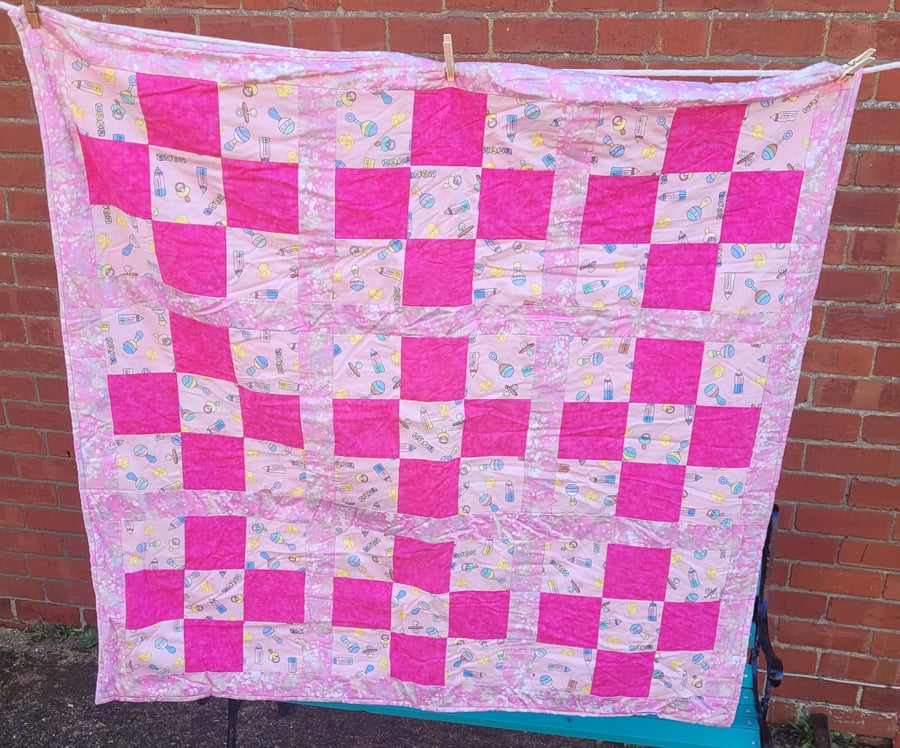 Homemade Patchwork baby quilt blanket. Pink.  43" x 43"