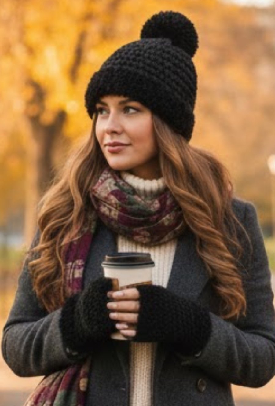 Black Hat and Fingerless Gloves Set