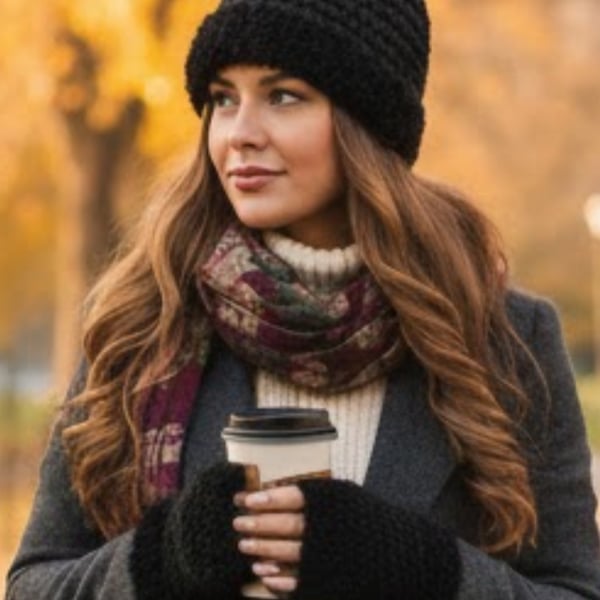 Black Hat and Fingerless Gloves Set