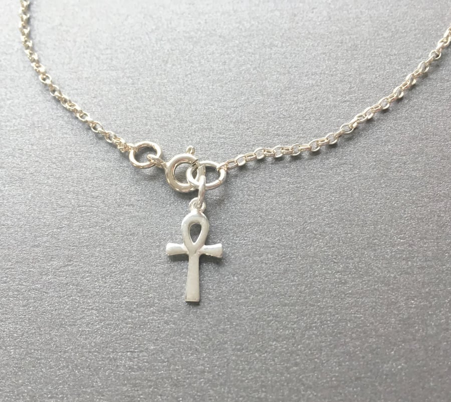 Sterling Silver Ankh Cross Charm Ankle Anklet, Foot Jewellery