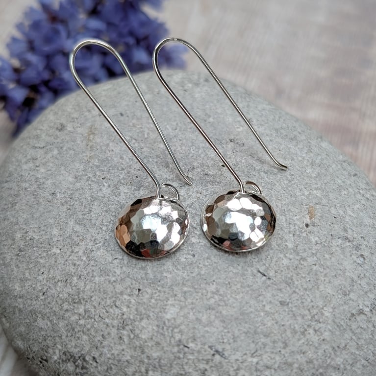 Sterling Silver Hammered Curved Disc Long Earrings - JBJ1011