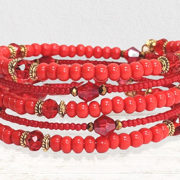 Memory Wire Bracelet in Red and Gold,  Beaded stacked Cuff