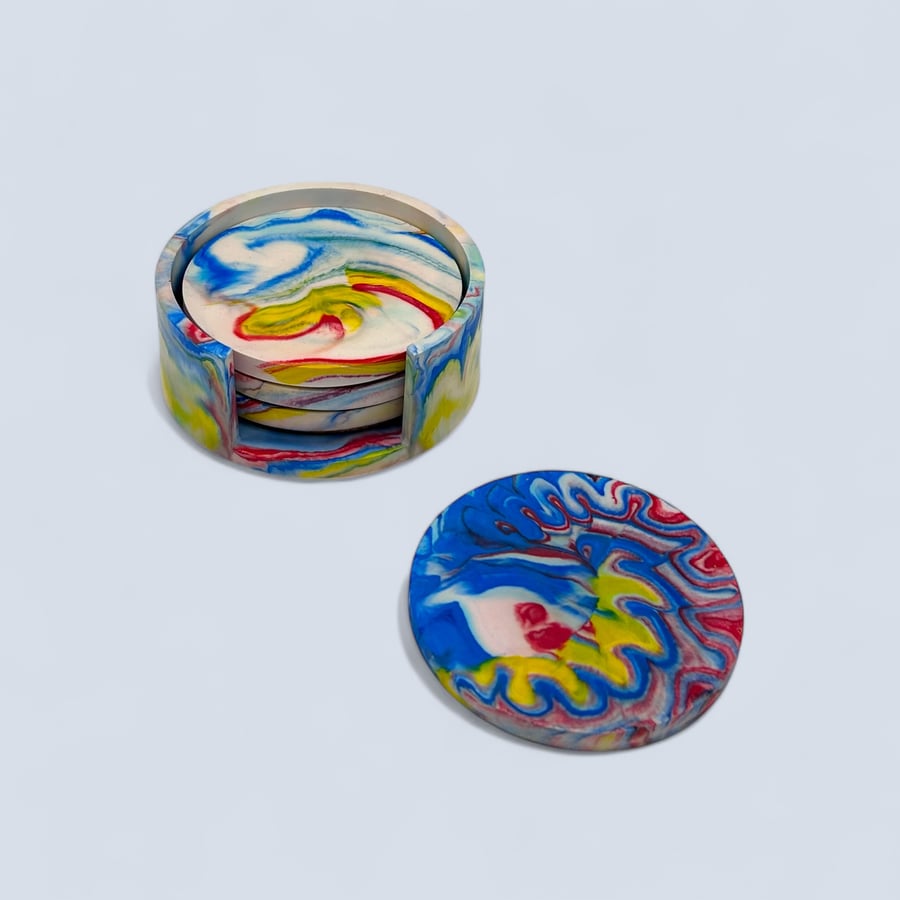 Handmade colourful coaster set of four with holder – round marbled coasters