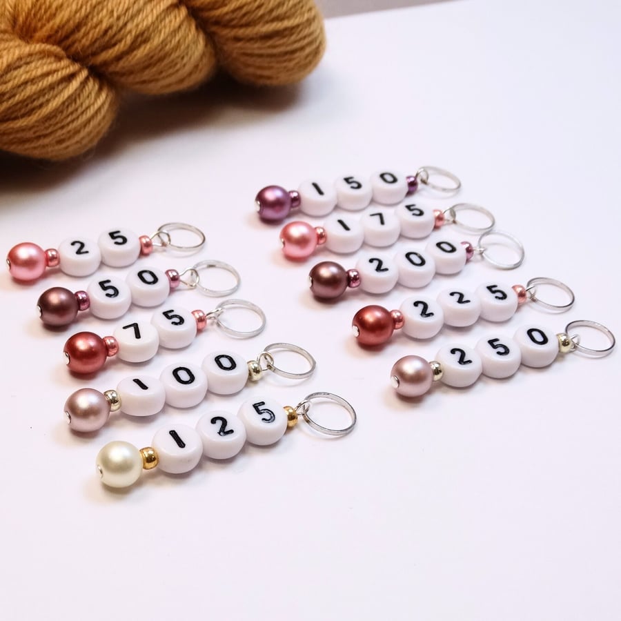 Pink Pastel Pearl Numbered Stitch Markers for Knitting and Crochet