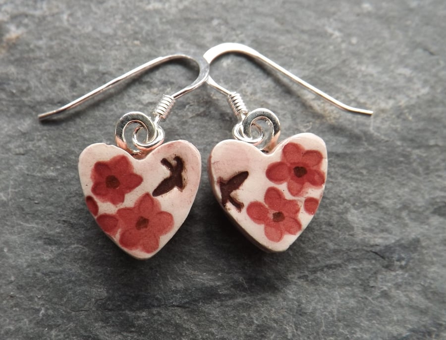 Summer Garden heart-shaped ceramic and sterling silver drop earrings in pink
