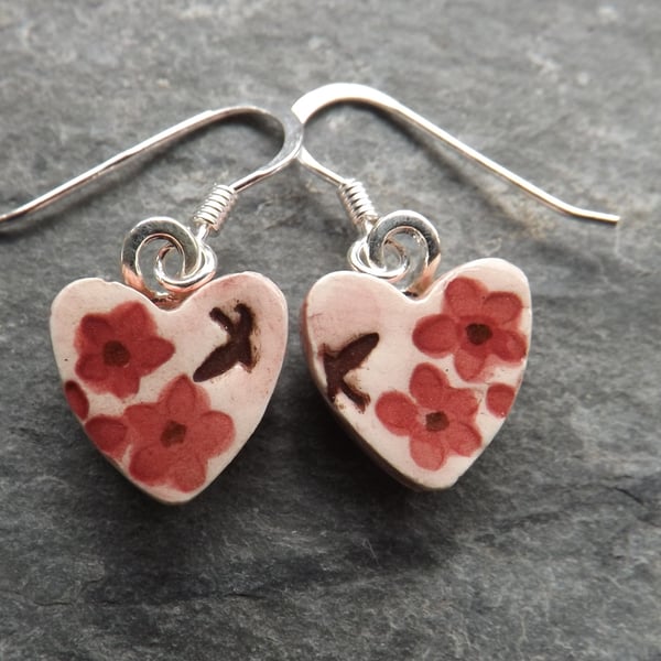 Summer Garden heart-shaped ceramic and sterling silver drop earrings in pink