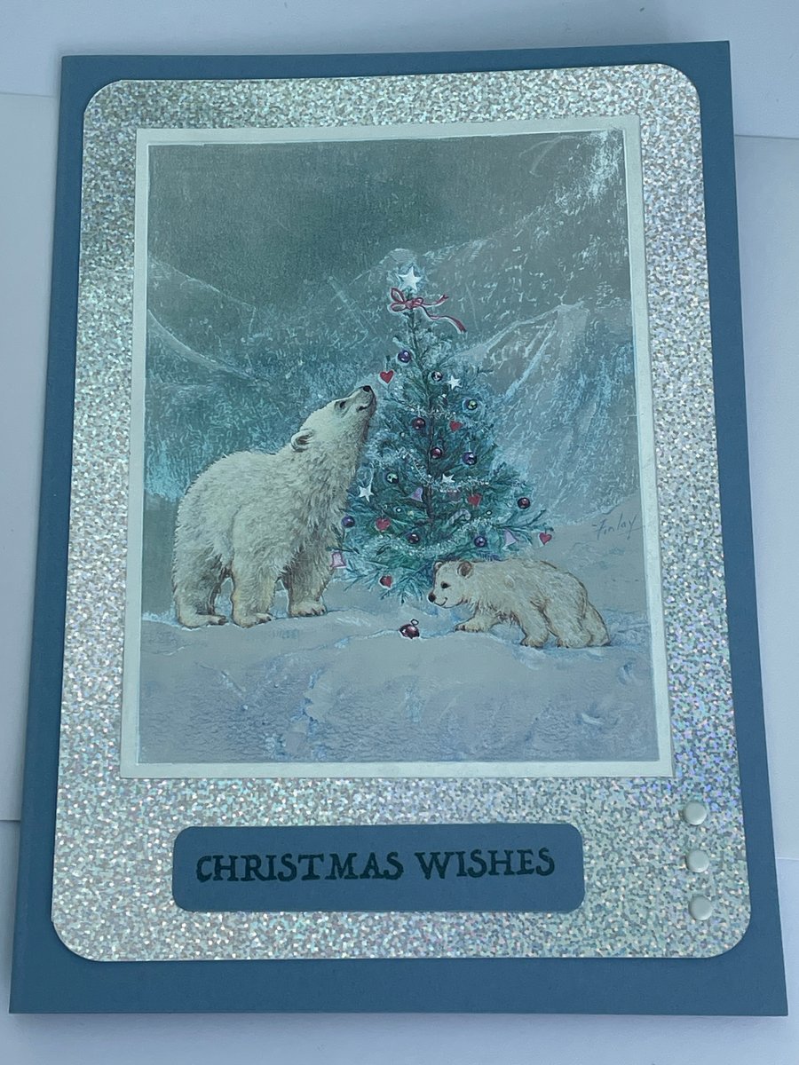 Mother and cub Polar bear decorating a Christmas tree Chriatmas card