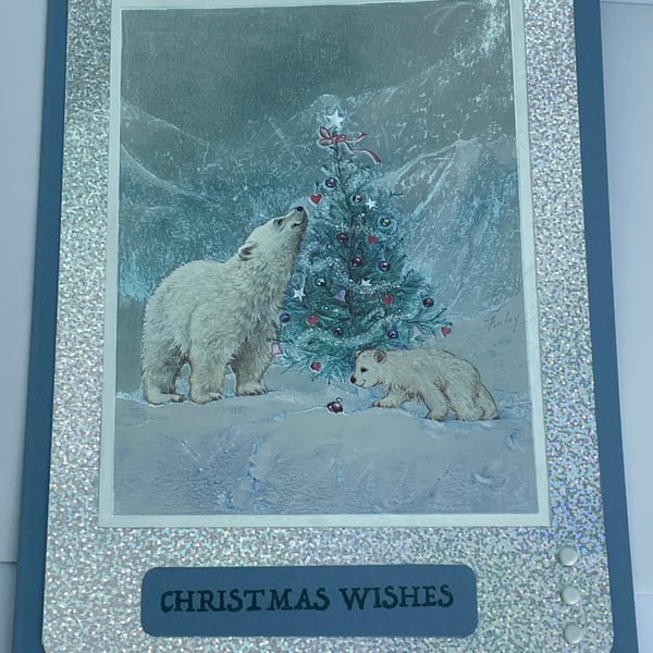 Mother and cub Polar bear decorating a Christmas tree Chriatmas card
