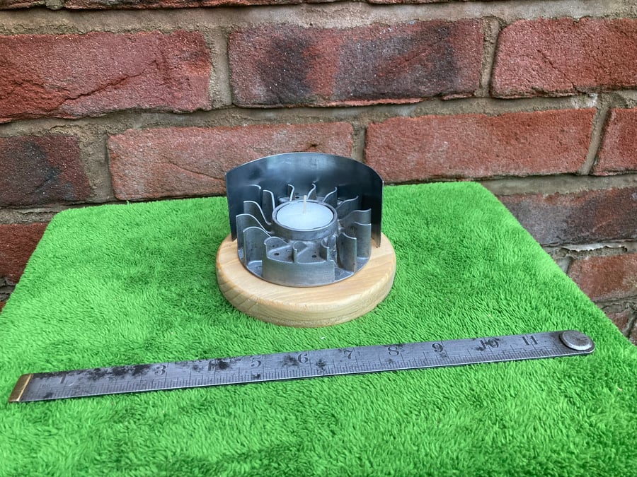 Industrial Style Tea Light Candle Holder, made from a Used Chainsaw Flywheel