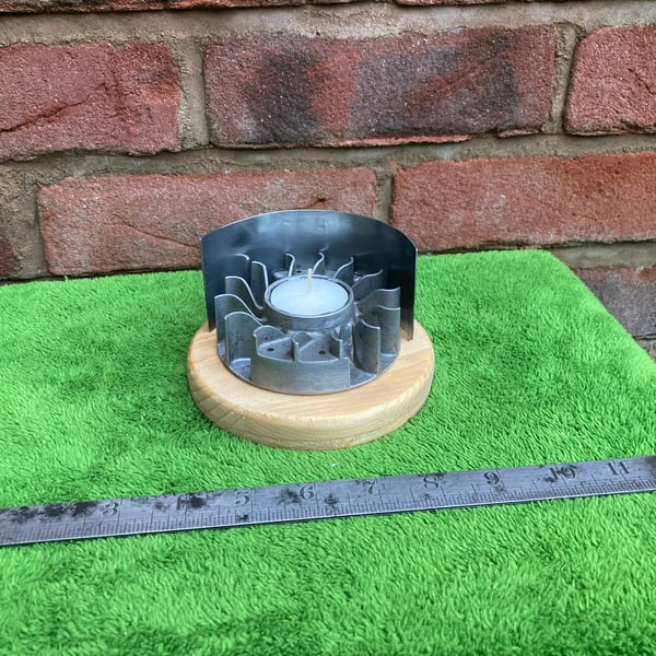 Industrial Style Tea Light Candle Holder, made from a Used Chainsaw Flywheel