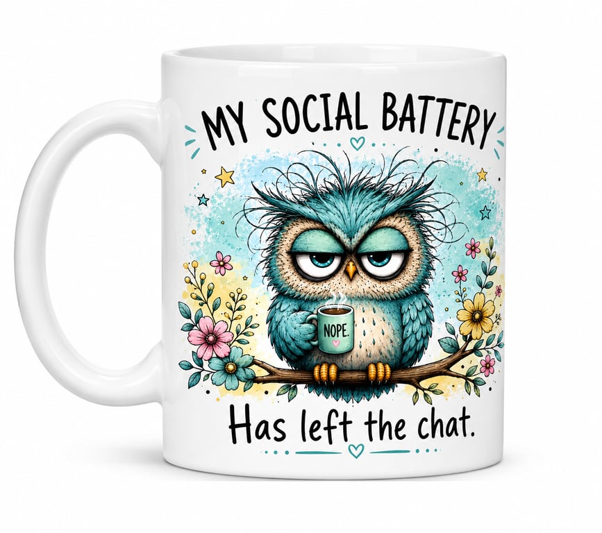 My Social Battery Has Left the Chat – Funny Grumpy Owl Mug