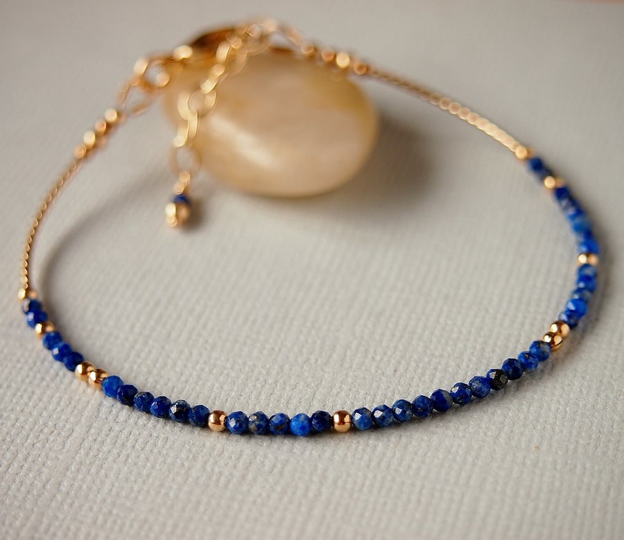 Blue Bracelet - Lapis Lazuli Gemstone Bracelet  - Skinny Bracelet - Gold Filled