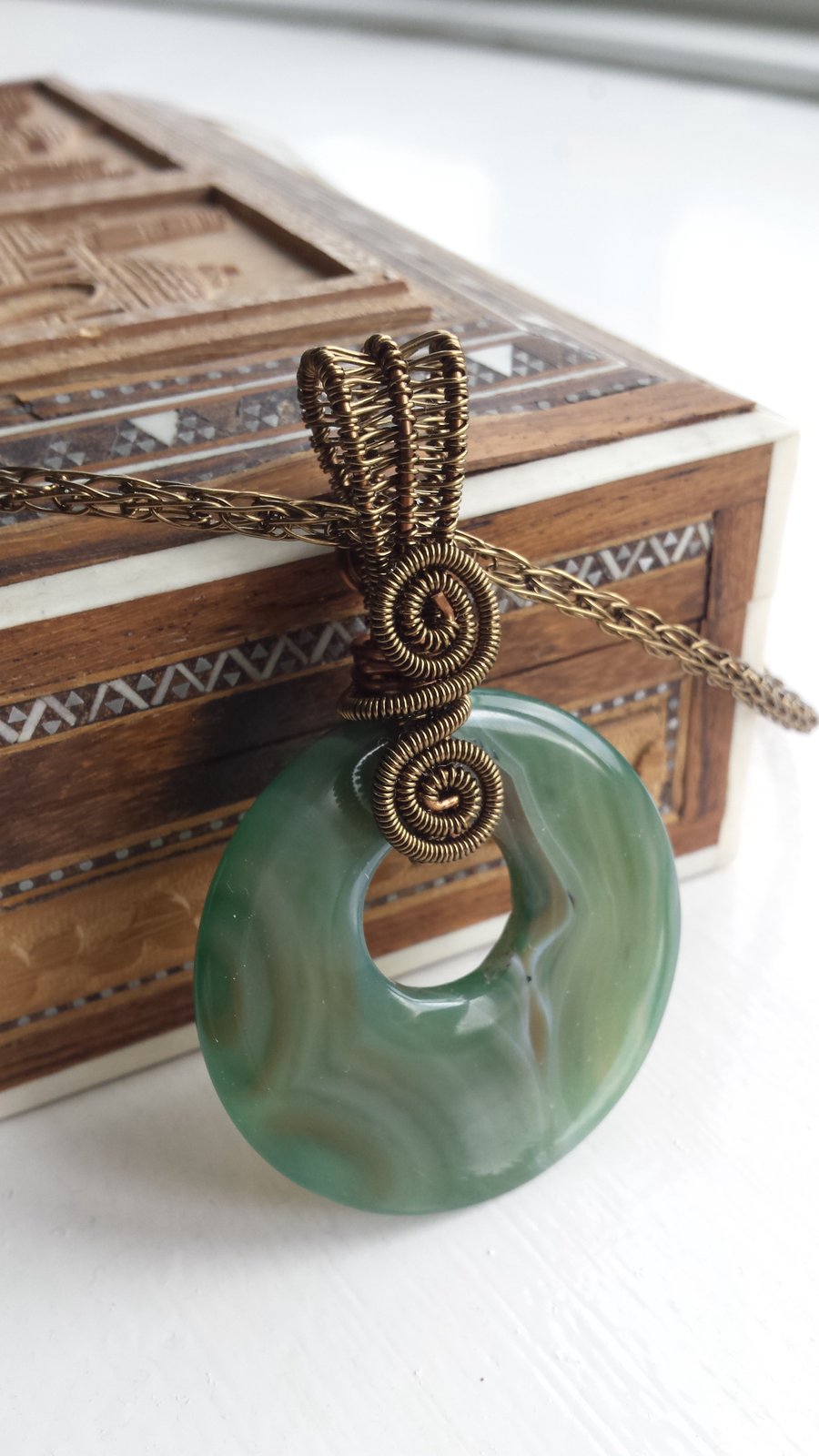 Green Asymmetric Wire Wrapped Donut Pendant