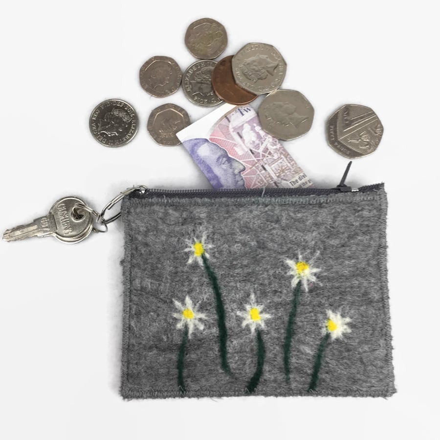 Grey felt coin purse with daisy design , integral keyring and external pocket