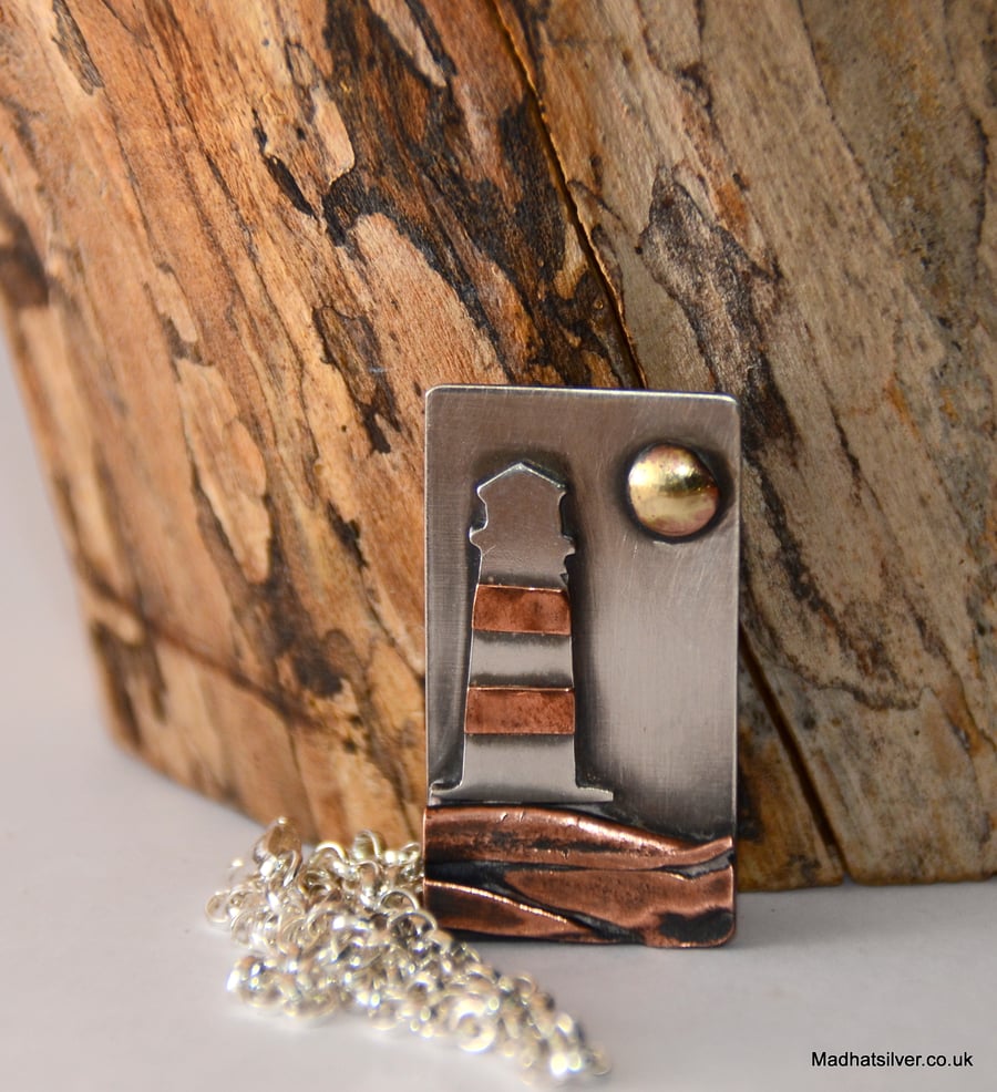 Silver and copper beach and lighthouse pendant, beach jewellery, coastal 