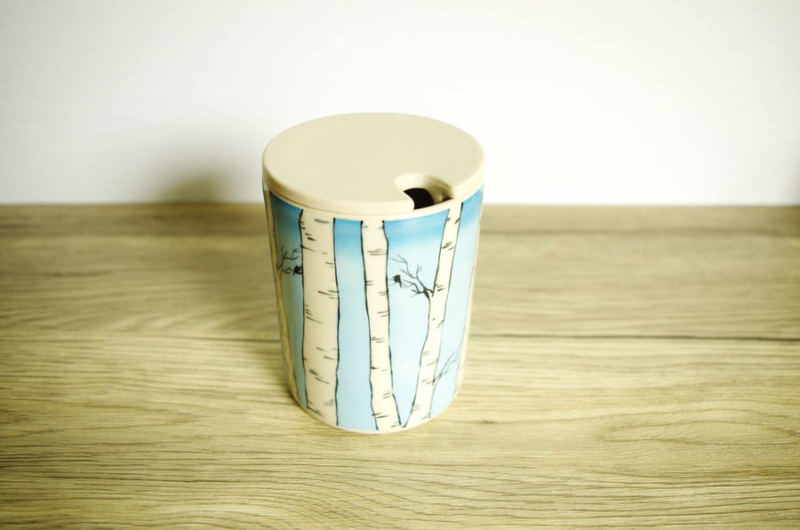 Ceramic Storage Jar with Flat Lid and Hold - Birch Tree, Sky and Birds