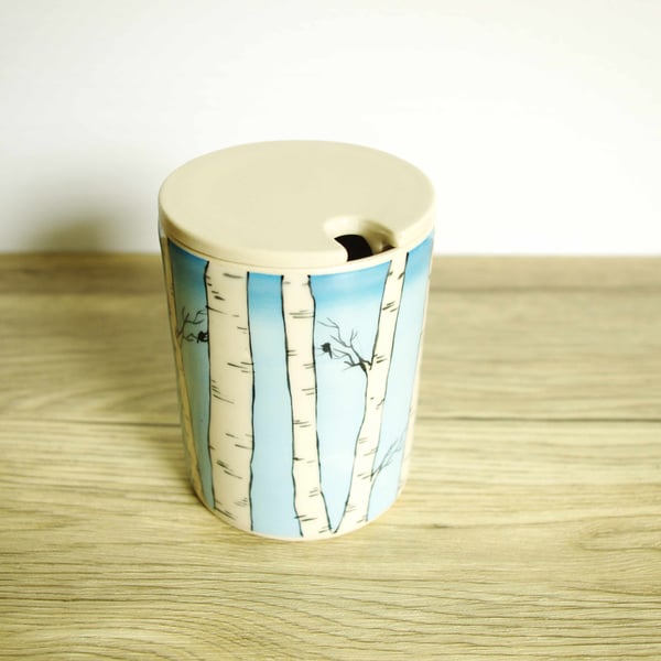 Ceramic Storage Jar with Flat Lid and Hold - Birch Tree, Sky and Birds
