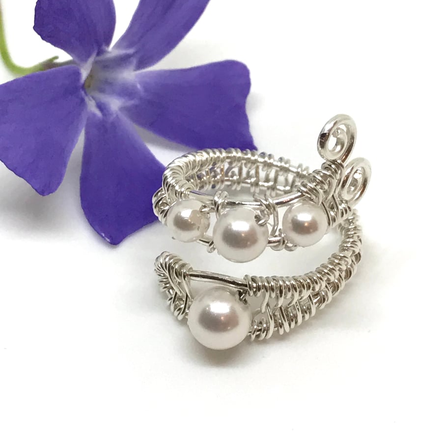 Sterling Silver Pearl Adjustable Ring, Wire Wrapped. Gift For Her