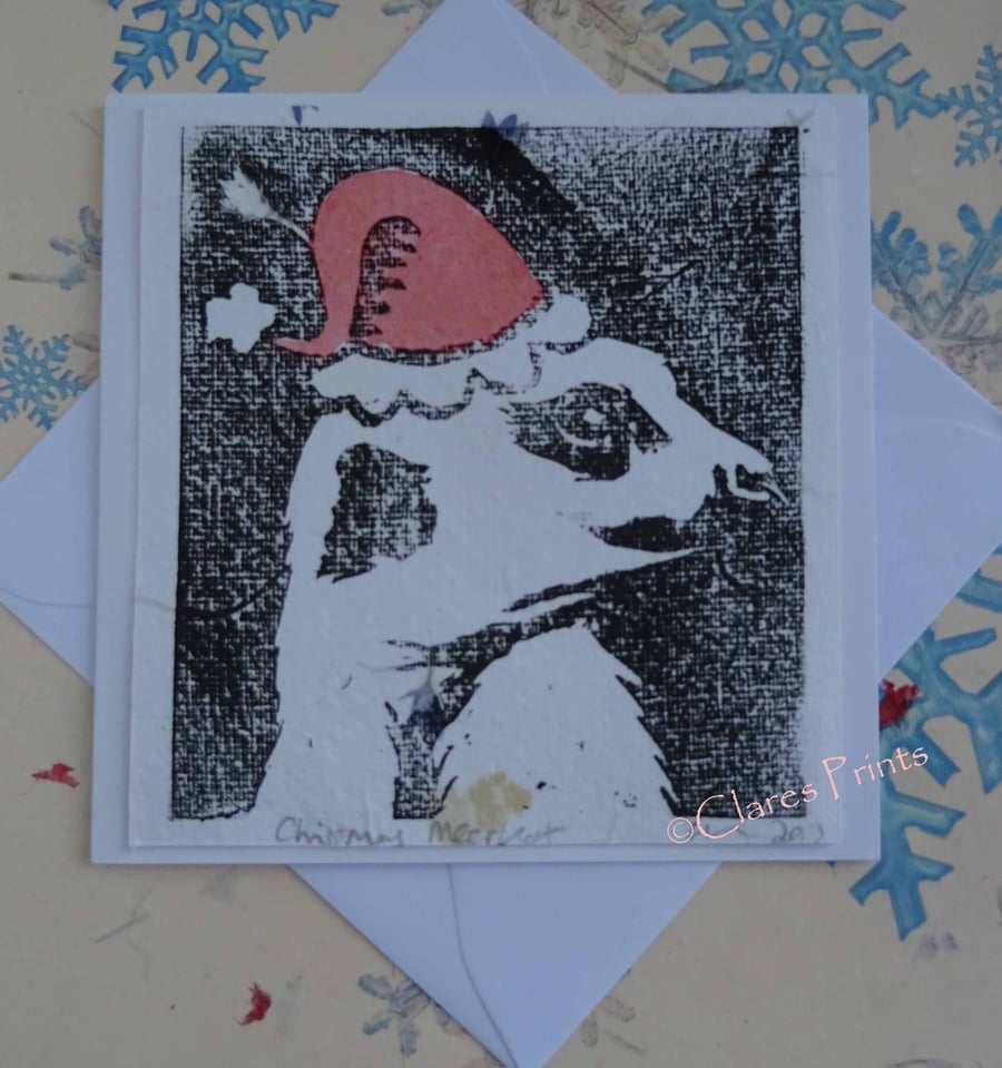  Christmas Meerkat Lino Print Greeting Card Meercat