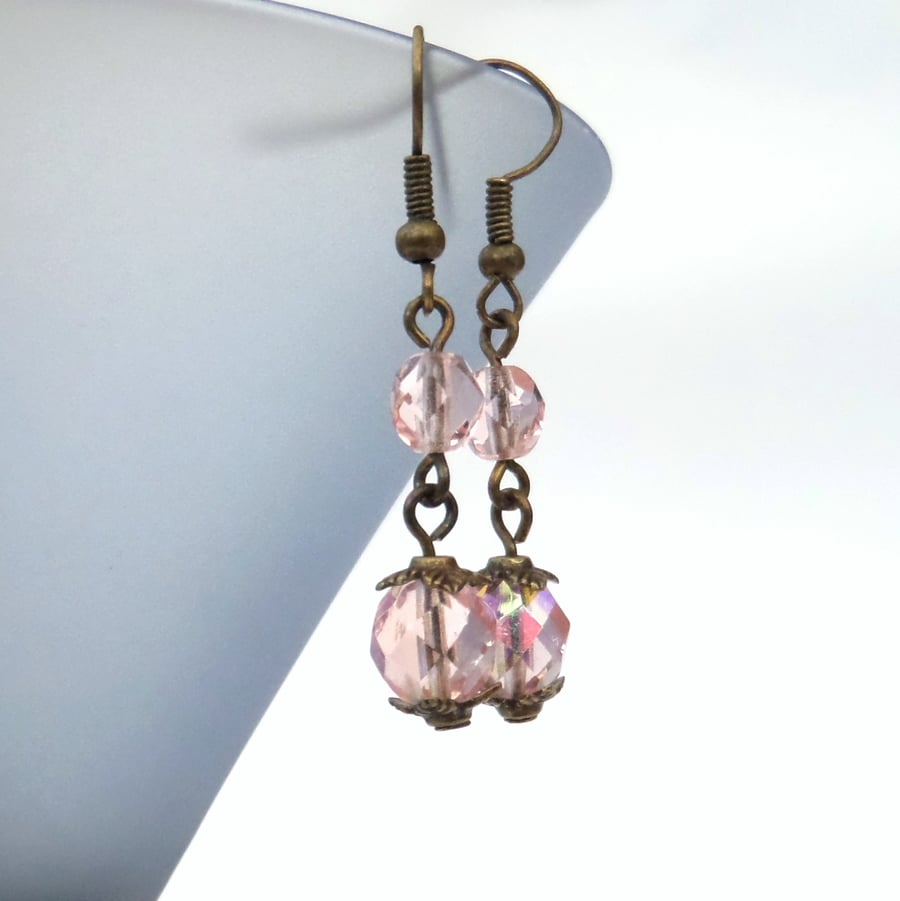 Handmade peachy-pink crystal and bronze earrings, vintage style
