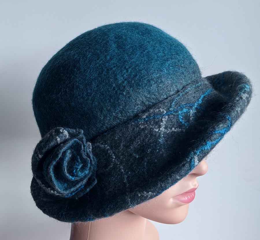Teal and grey felted wool hat  - One of the 'Squashable' range