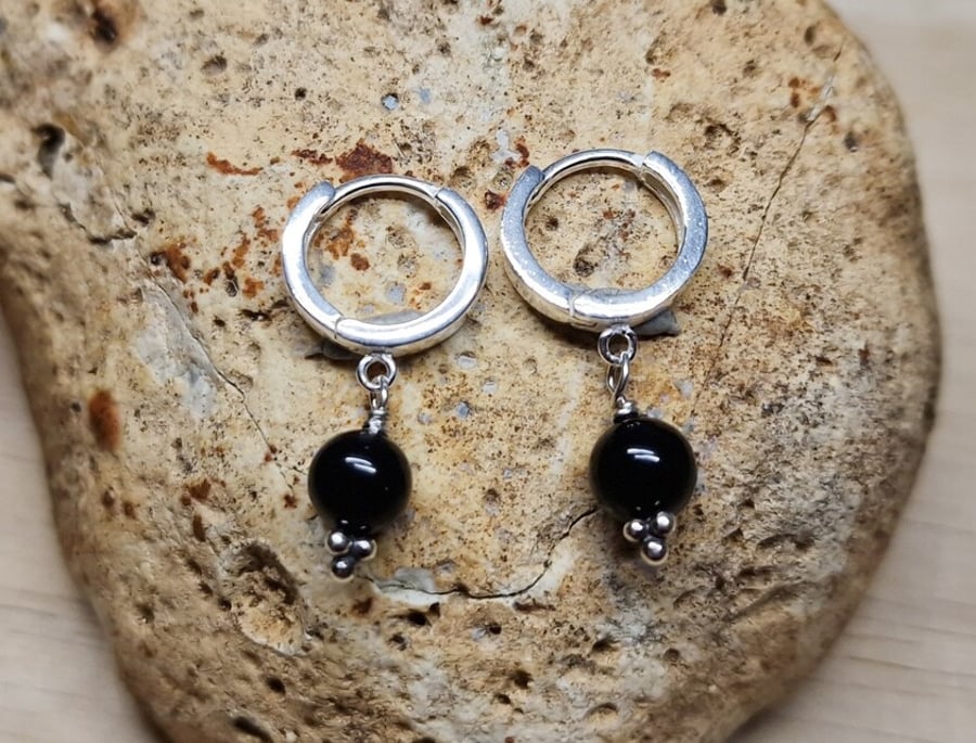 Black Spinel huggie hoop earrings. August Birthstone. Reiki jewelry uk