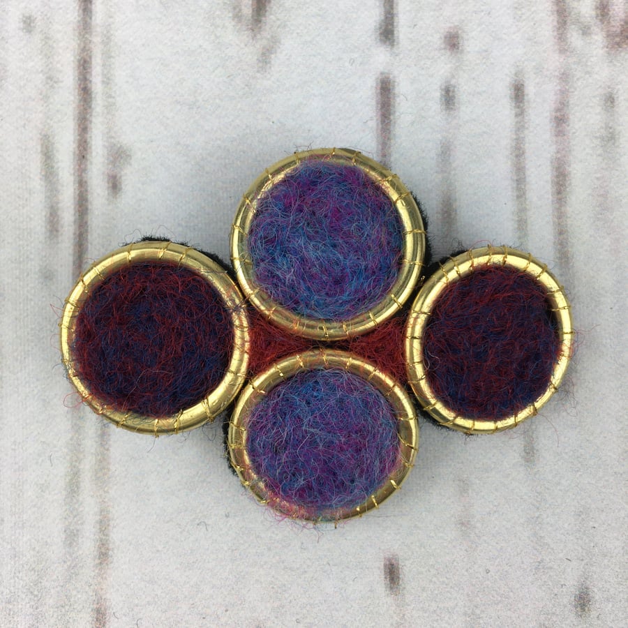 Brass ring needle felted brooch, purple
