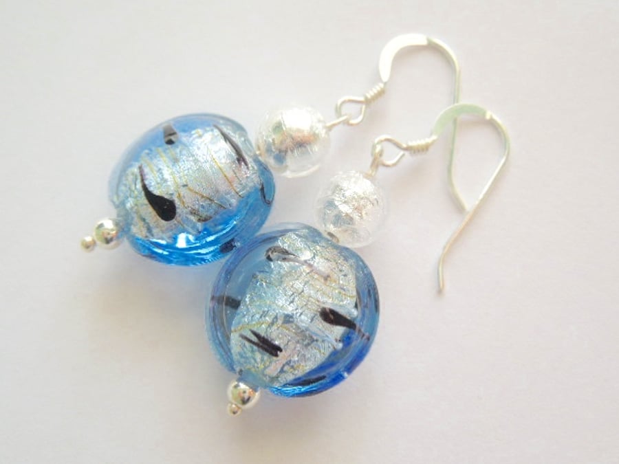 Murano glass blue and silver earrings with sterling silver.