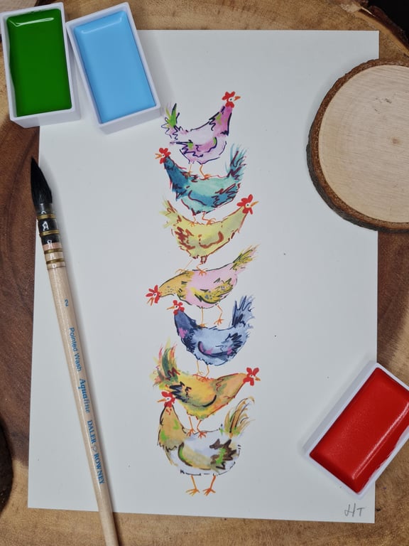 Colourful funny Chickens stack art print A5