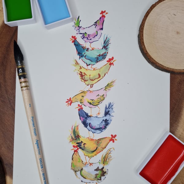 Colourful funny Chickens stack art print A5